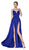 Cinderella Divine - CJ526 Sheer Plunging Neck Double Slit Satin Gown In Blue