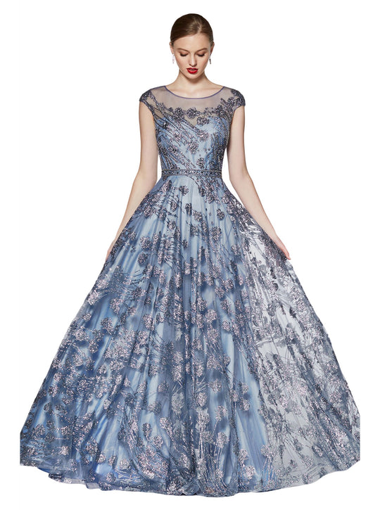 Cinderella Divine - CR830 Glitter Floral Illusion Scoop Ballgown In Blue