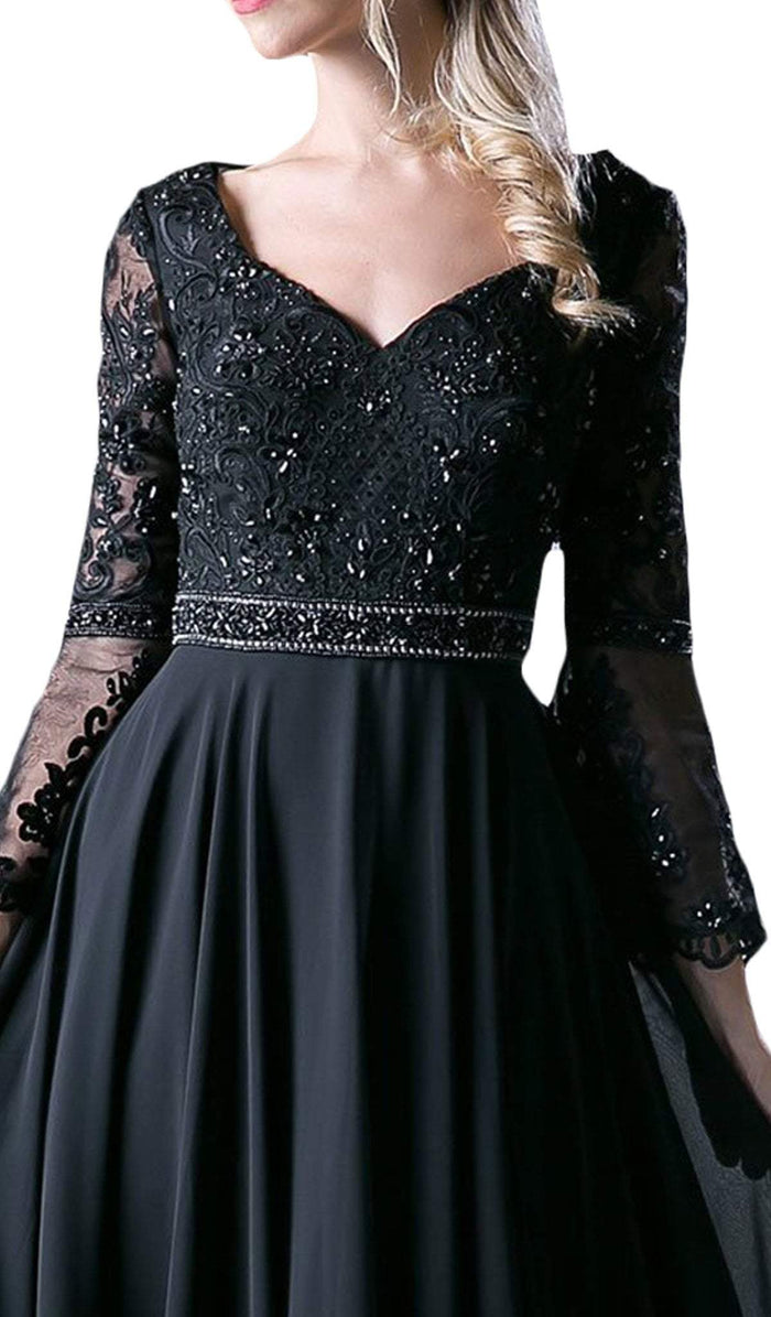 Long Bell Sleeve Lace Ornate A-Line Long Evening Gown