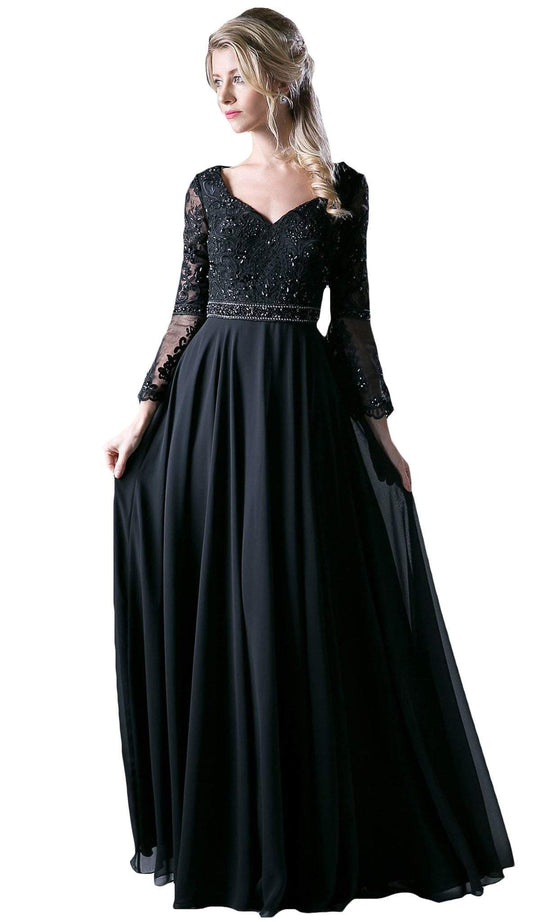 Long Bell Sleeve Lace Ornate A-Line Long Evening Gown