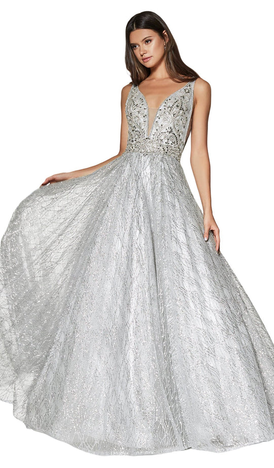 Cinderella Divine - CR836 Beaded Plunging V-Neck Evening Dress In Silver