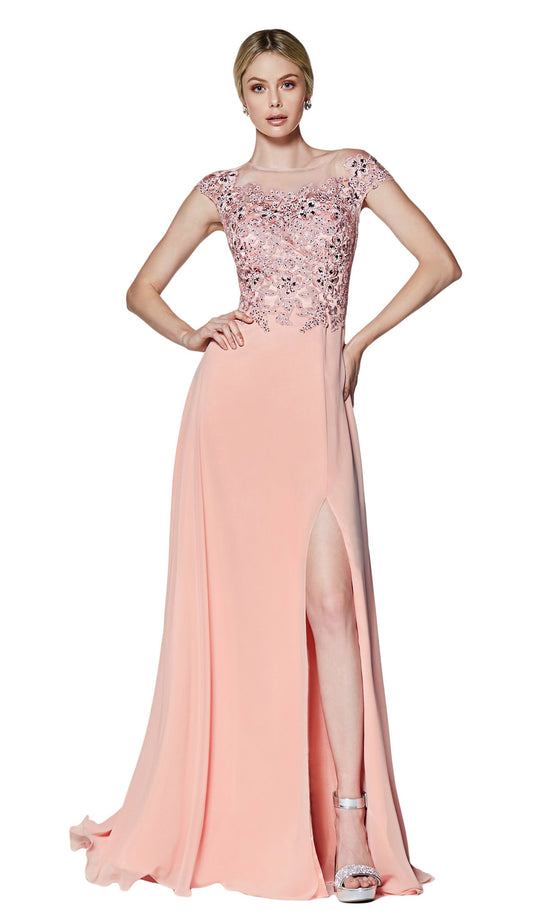 Cinderella Divine - ML937 Beaded Floral Lace Ornate Chiffon Gown In Pink and Orange