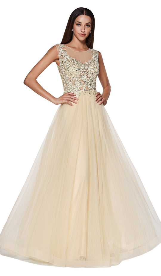 Cinderella Divine - CD0136 Beaded Lace Illusion Neckline Tulle Gown In Neutral and Yellow