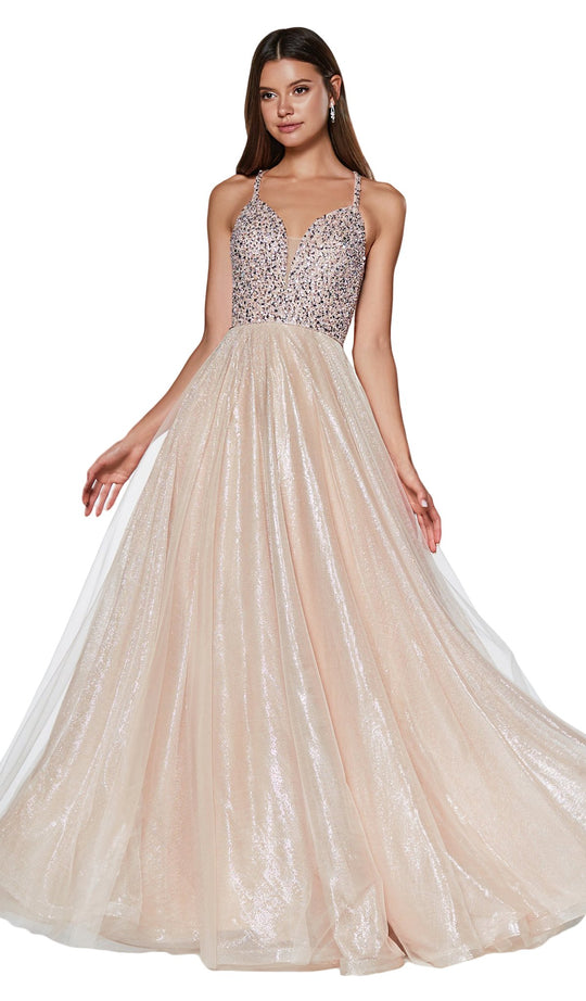 Cinderella Divine - CR835 Beaded Sleeveless Top Metallic Organza Gown In Neutral and Gold