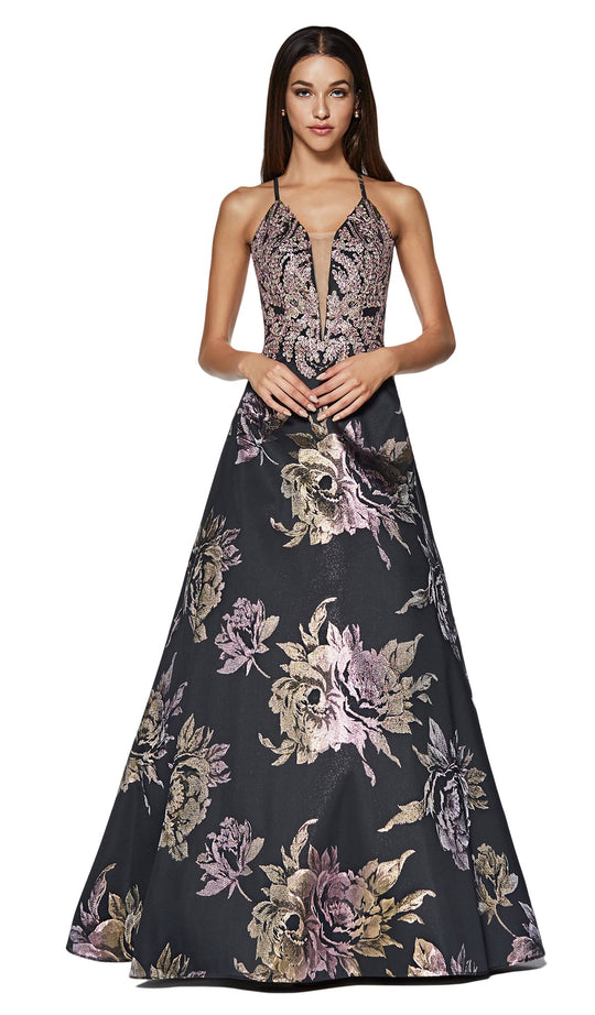 Cinderella Divine - ML924 Floral Plunging V-Neck Evening Gown In Black
