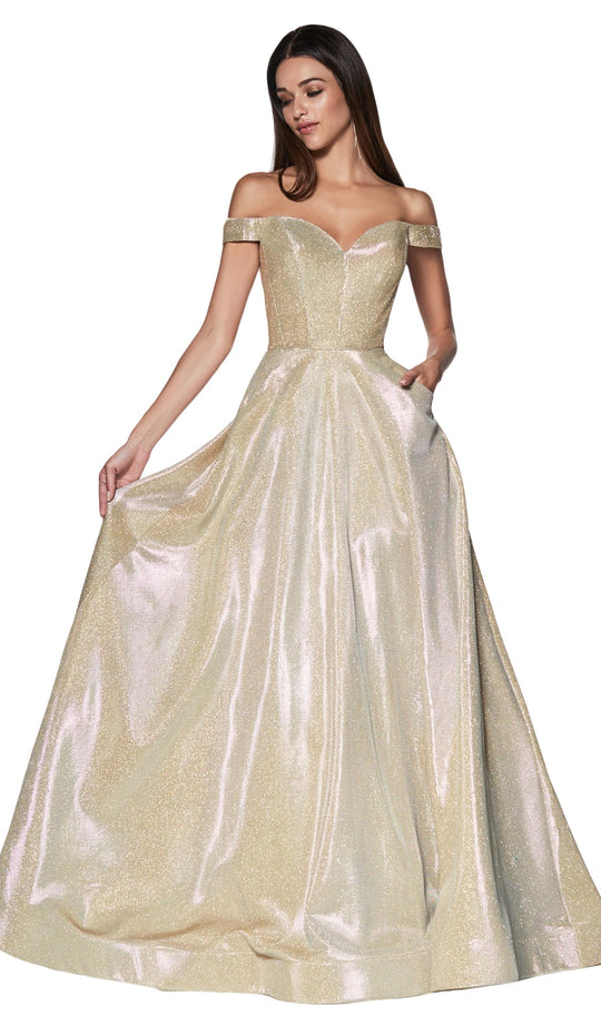 Cinderella Divine - CJ270 Glitter Off-Shoulder Ballgown In Neutral and Gold