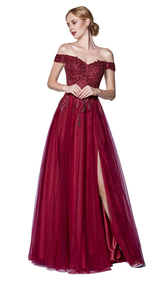 Cinderella Divine - CM303 Off Shoulder Lace Corset A-Line Gown In Red
