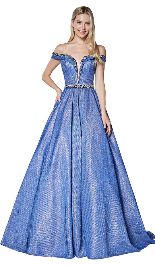 Cinderella Divine - CM306 Jewel-Trimmed Foldover Off Shoulder Gown In Blue