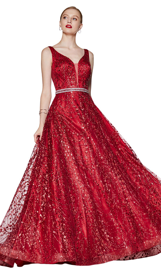 Cinderella Divine - CB0028 Glitter Beaded Embellished Sleeveless Gown In Red