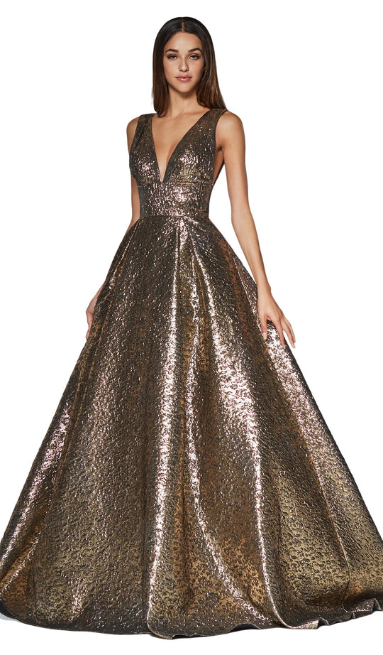 Cinderella Divine - ML930 Metallic Plunging V-Neck Ballgown In Brown