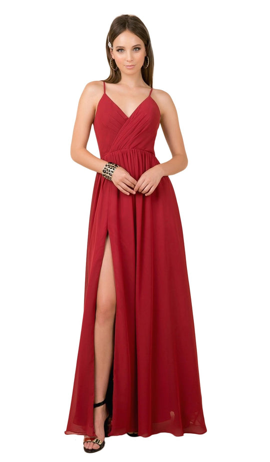 Nox Anabel - R275 Plunging V-neck A-line Dress With Slit In Red