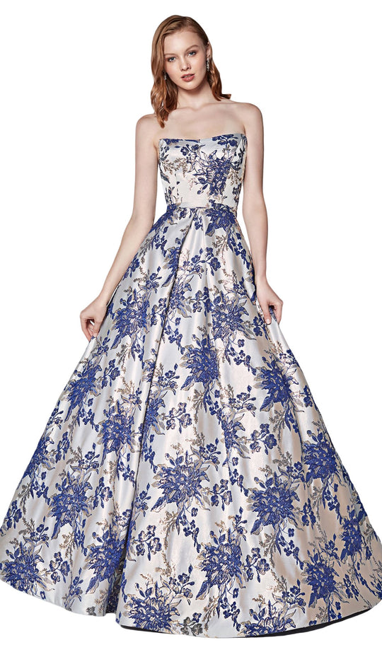Cinderella Divine - CS026 Strapless Floral Brocade Ballgown In Blue and Floral