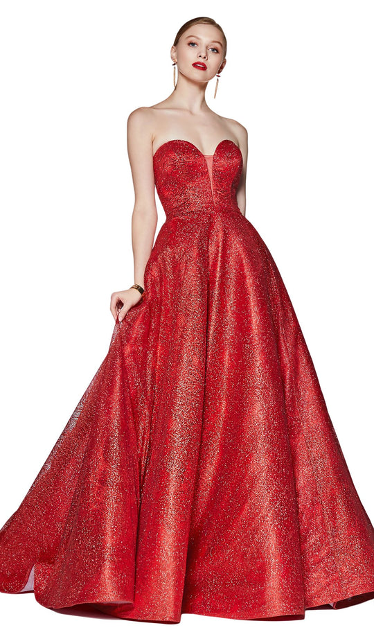 Cinderella Divine - CB0033 Plunging Bodice Corset Glitter Ballgown In Red