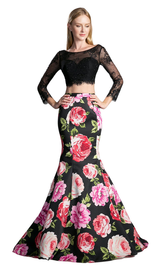 Cinderella Divine - CD701L with Top3 Two Piece Lace Floral Satin Mermaid Dress