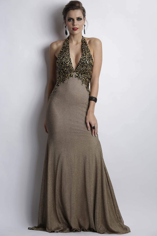 Baccio Couture - Rina Metallic Lace Painted In Brown