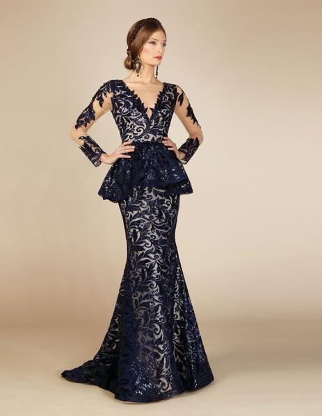 MNM COUTURE - M0001 Lace Applique Embellished Mermaid Gown In Blue