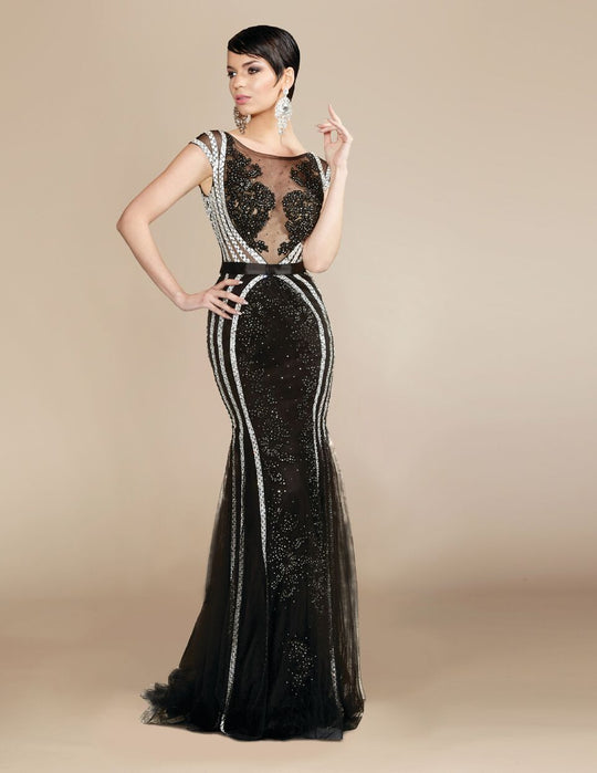MNM Couture - Cap Sleeve Bejeweled Mermaid Gown M0031 in Black