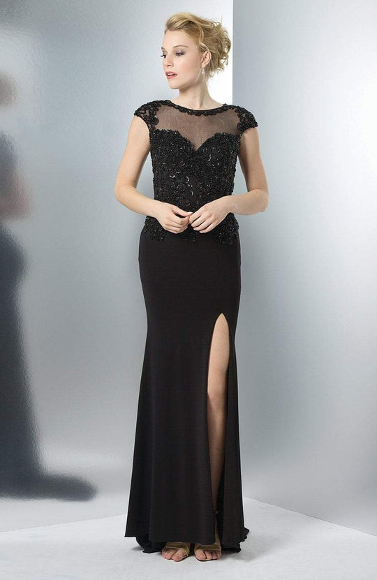 Marsoni by Colors - M104 Beaded Cap Sleeve Illusion Gown in Black