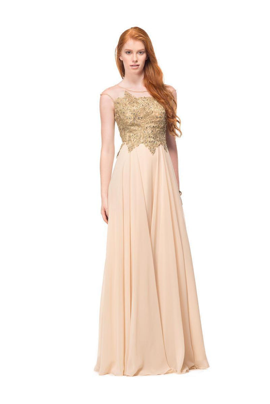 Marsoni by Colors - M107 Embroidered Illusion Silk Gown in Neutral