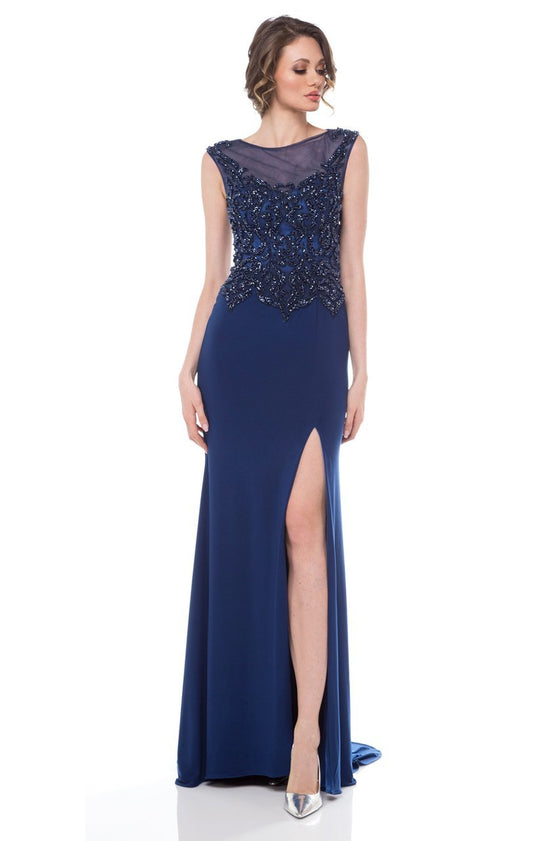 Marsoni by Colors - M155 Beaded Baroque Illusion Gown in Blue