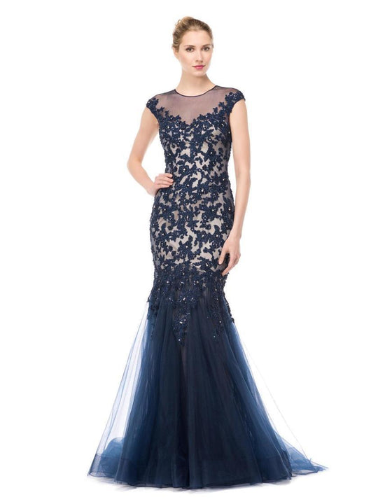 Marsoni by Colors - M161 Embellished Illusion Jewel Trumpet Dress in Blue