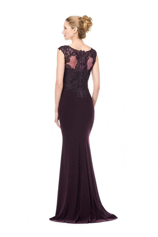 Marsoni by Colors - M163 Beaded Lace Cap Sleeves Long Dress in Purple