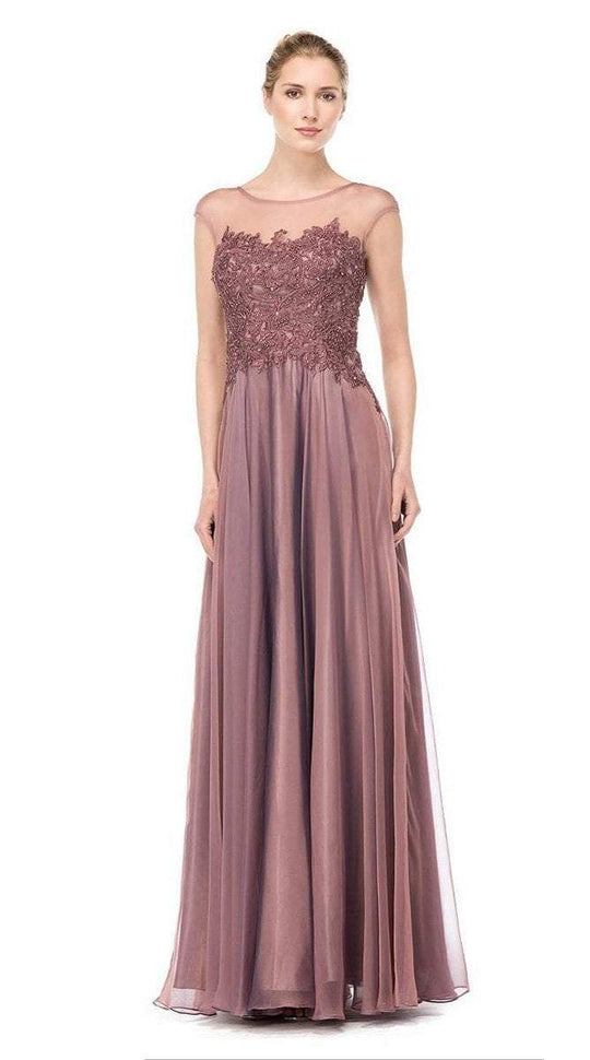 Marsoni by Colors - M164 Beaded Chiffon Lace Long Dress in Brown