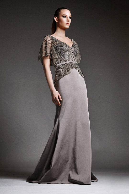 Park 108 - M166 Beaded Peplum Trumpet Evening Gown in Gray