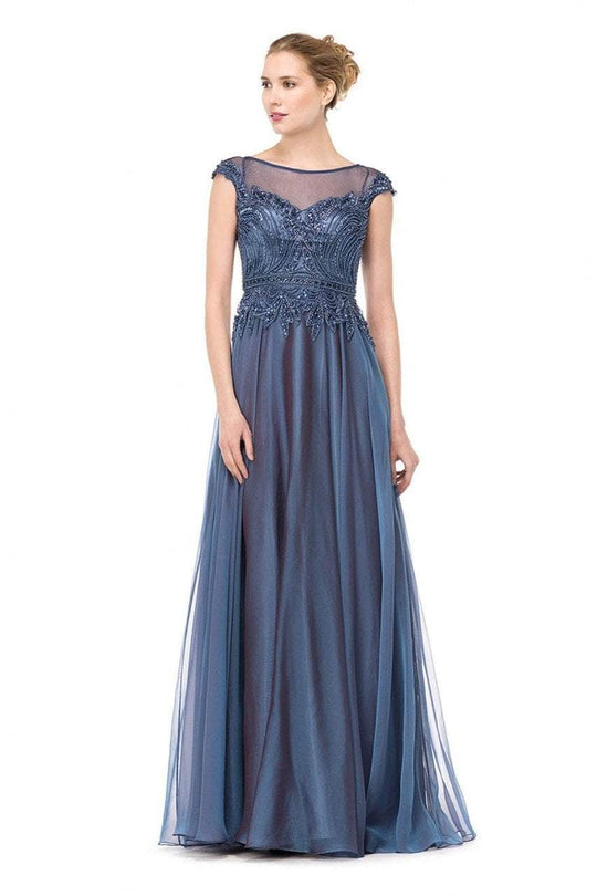 Beaded Cap Sleeves A Line Long Dress M166 In Blue