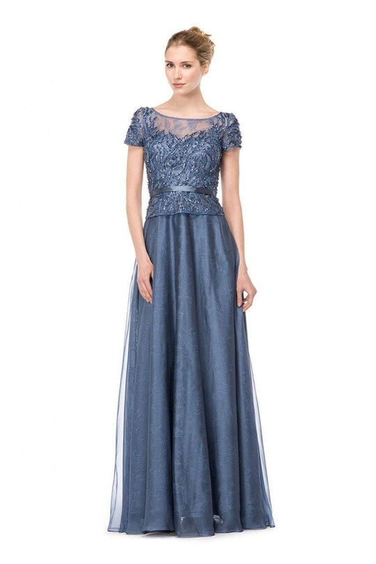 Marsoni by Colors - Illusion Bateau Ornate Gown in Blue and Gray