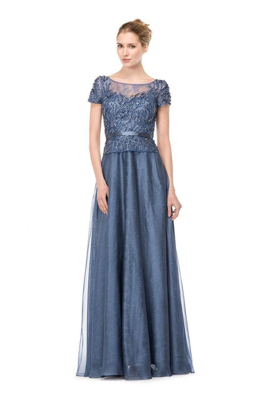 Marsoni by Colors - M167 Brilliant Short sleeve Illusion Evening Gown in Blue