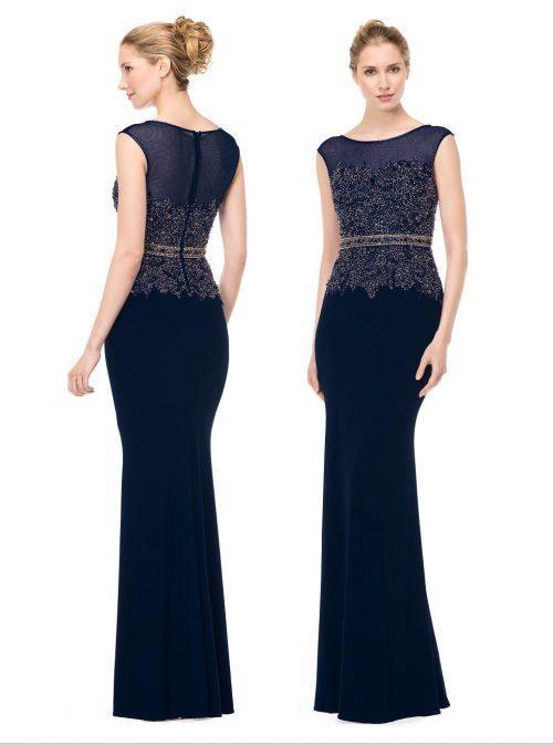 Marsoni by Colors - M168 Sheer Embellished Cap Sleeves Dress in Blue