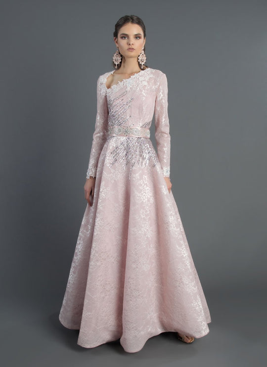 MNM Couture - M1804 Sequined Lace Long Sleeve A-line Dress in Pink