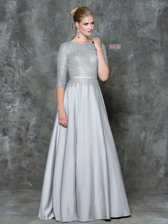 Marsoni by Colors - Classic Lace Quarter Sleeve Gown M182 in Silver