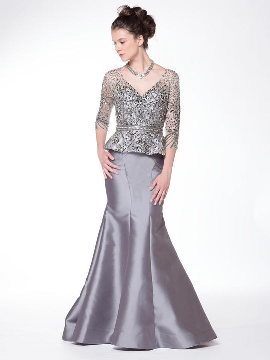Marsoni by Colors - Quarter Sleeve Beaded Illusion Gown in Gray and Silver