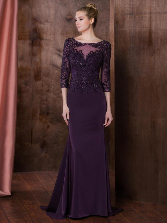 Colors Dress - Lace Ornate Quarter Sleeve Illusion Gown in Purple