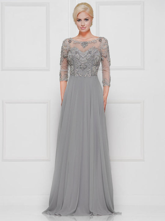 Marsoni by Colors - Quarter Sleeve Chiffon Scoop Neck Dress M189  In Gray