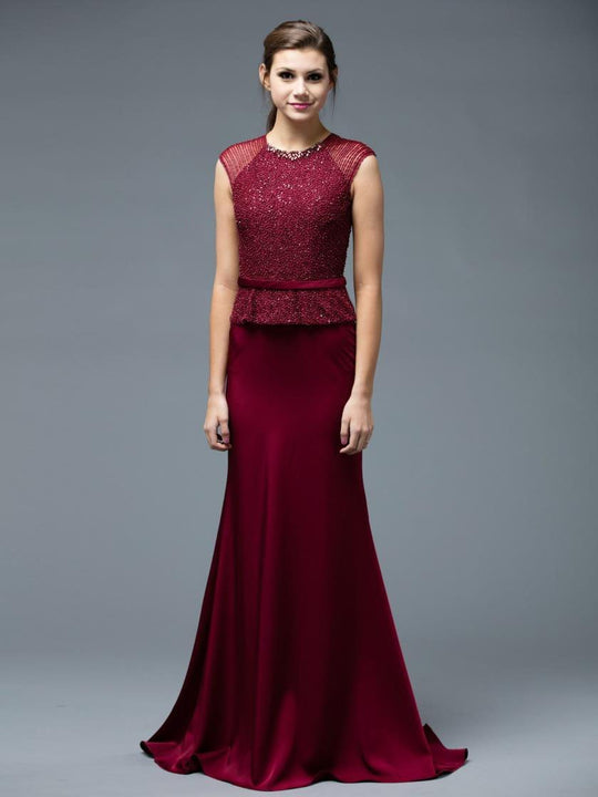 Marsoni by Colors - M191 Beaded Jewel Cap Sleeves Long Dress  in Red