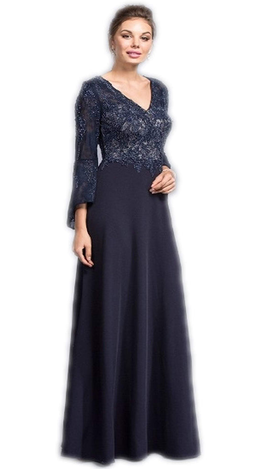 Beaded Trumpet Sleeve Vneck A-line Evening Dress