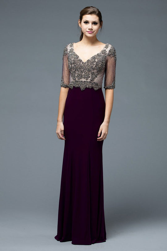 Marsoni by Colors - Bejeweled V-Neck Sheath Dress M192 in Purple