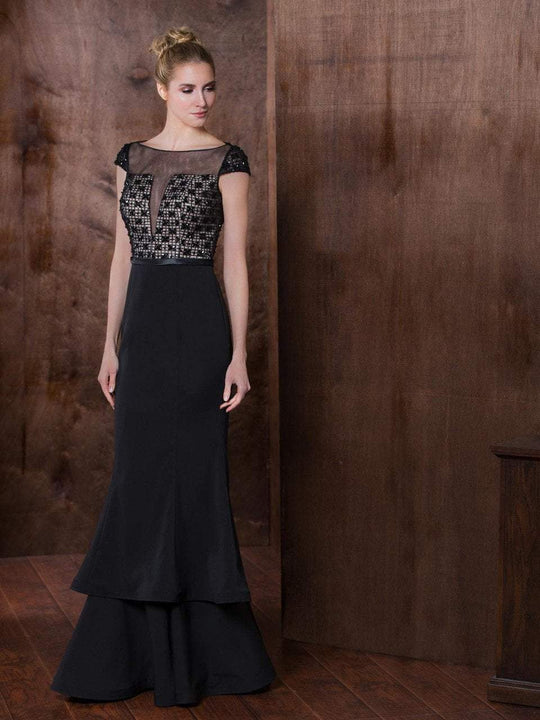 Marsoni by Colors - M193 Beaded Short Sleeves Long Dress in Black