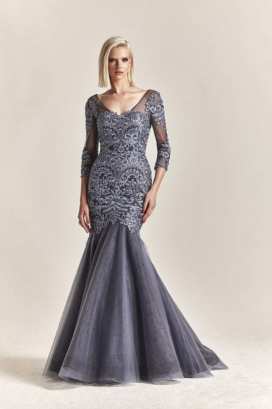 Park 108 - M195 Beaded Lace V-neck Tulle Mermaid Dress in Gray