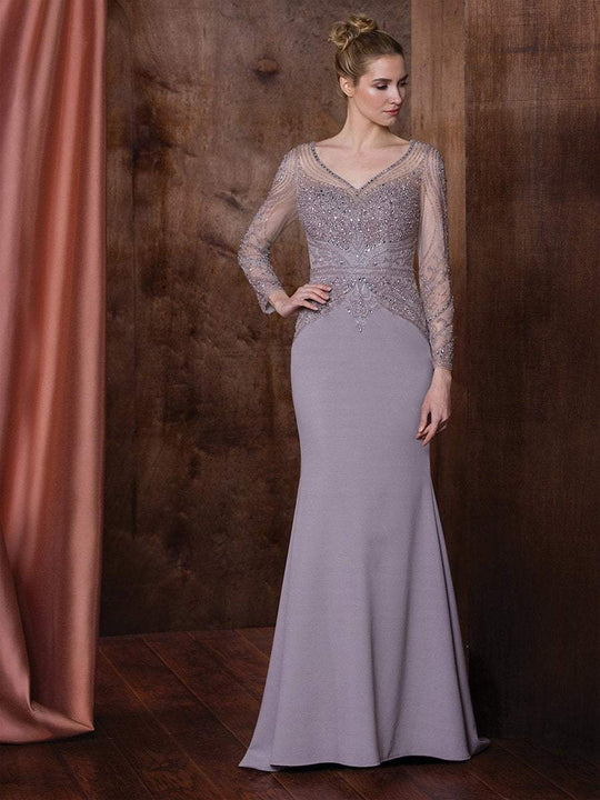 Marsoni by Colors - Long Sleeve Bejeweled V-Neck Trumpet Dress M195  In Gray