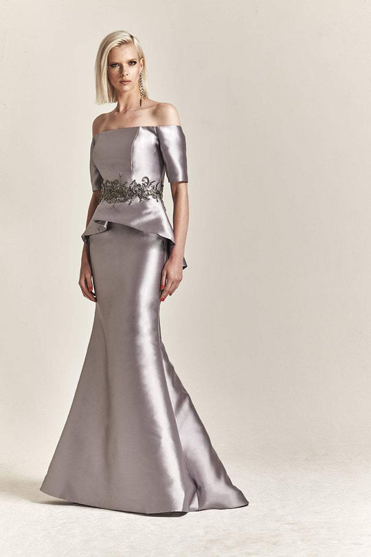 Park 108 - M202 Embellished Off-Shoulder Mikado Mermaid Dress In Silver and Gray