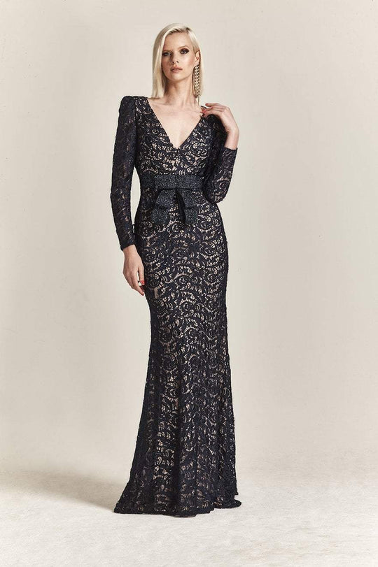 Park 108 - M206 Lace V-neck Sheath Dress With Obi Sash in Blue