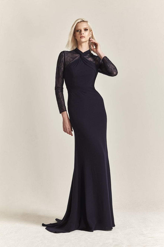 Park 108 - M211 Twisted High Neck Long Sleeve Sheath Gown In Blue
