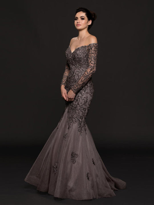 Marsoni by Colors - M211 Embellished Long Sleeve Trumpet Dress In Gray