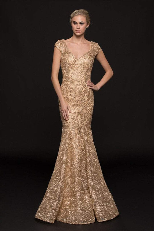 Marsoni by Colors M212 Fitted Lace V-Neck Mermaid Gown - 1 pc Gold in size 12 Available