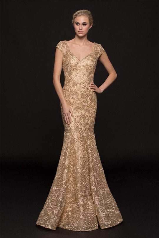 Marsoni by Colors - M212 Lace V-neck Mermaid Dress In Gold