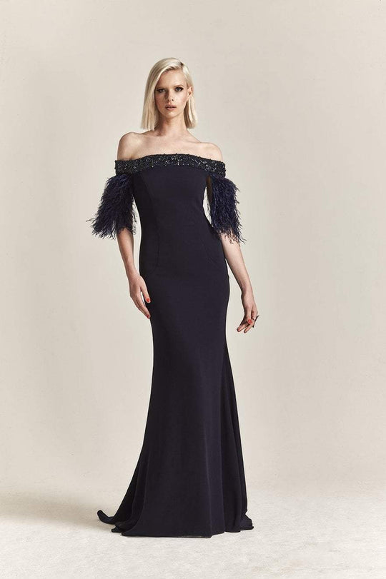 Park 108 - M213 Embellished and Feathered Off-Shoulder Trumpet Dress In Blue